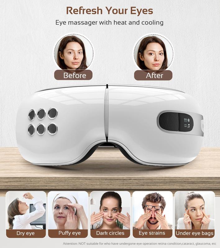 fmlave Father's Day Gift Eye Massager with Heat and Cooling for Migraines, Dry Eyes, Dark Circles, Rechargeable Bluetooth Music Eye Mask Massager Improve Sleeping - Great Gifts for Woman and Man (White)