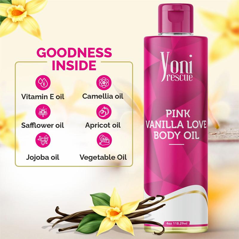 Pink Vanilla Love Body Oil, 4oz, with Apricot, Jojoba, Avocado Oils & Vitamin E Oil, Fast-Absorbing, Nourishes and Hydrates Skin, Skin Repair, Body Care, Ideal for All Skin Types, Amber & Vanilla Fragrance Moisturizer by Yoni Rescue warm vanilla body oil