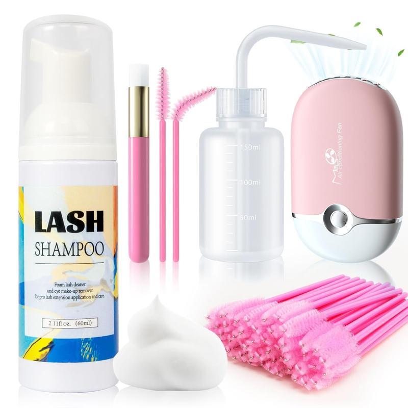 Lash Shampoo for Lash Extensions Daily 60ML Lash Extension Cleanser with Lash Fan Cleaning Brush Rinse Bottle and 50 Pcs Mascara Brush, Rich Foam Lash Wash for Eyelash Extension Home Use