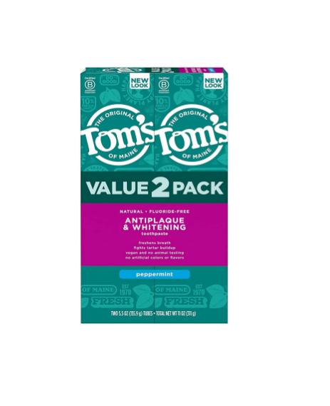 Tom's of Maine Fluoride-Free Antiplaque & Toothpaste, Peppermint, 5.5 oz. (Pack of 2) pasta dentífrica Oral whitens teeth