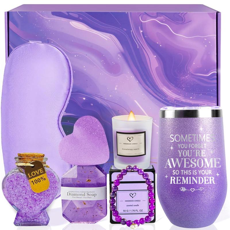 Birthday Spa Gift Basket for Women – Purple Relaxing Self-Care Set with Bath Essentials & Shiny Wine Tumbler, Perfect Gift for Mom, Wife, Girlfriend, Sisters, Christmas Gift Idea