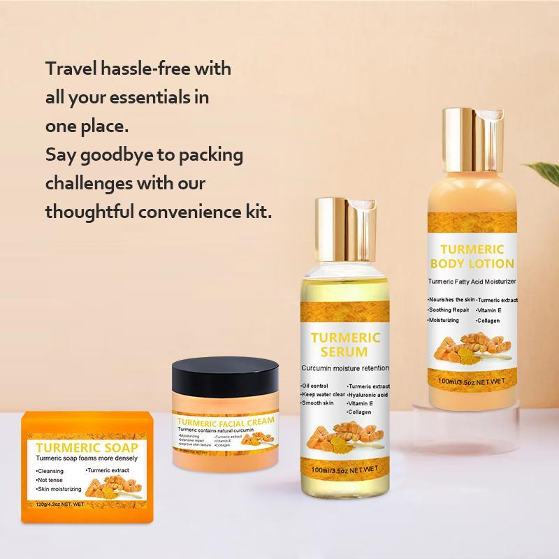 Natural Turmeric Skin Care Set, 4 Counts set Including Turmeric Body Lotion, Turmeric Serum, Turmeric Soap and Facial Cream, Body Care Skincare Kit for Women, Stocking Fillers Gift