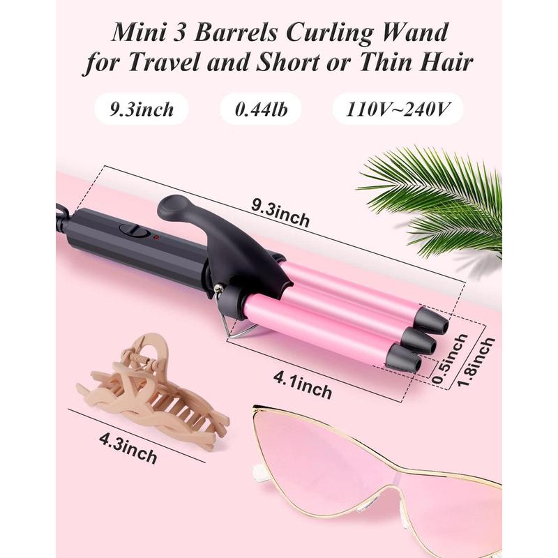 Mini Three Barrel Curling Iron, Small Curling Wand 1 2 Inch for Home and Travel, Ceramic Tourmaline Add Shine to Waves, Dual Voltage Hair Crimper, Pink,New Year's Eve Gift