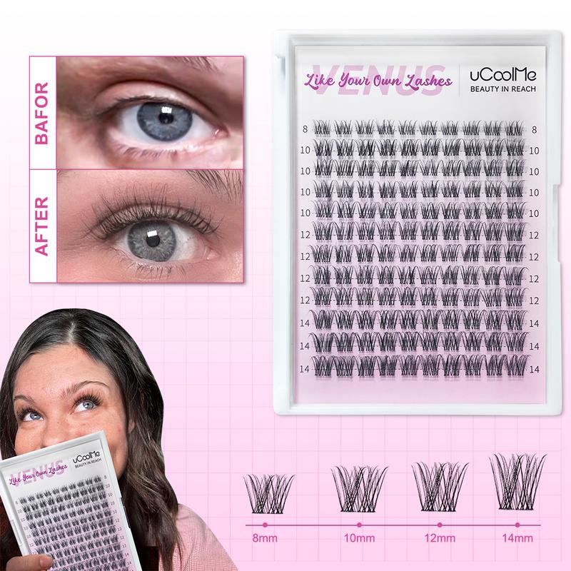 uCoolMe Lashes Short Venus (Only 8-14mm )With Invisible Band DIY Lashes Cluster WaterProof and Long Lasting Bond Seal Remover Makeup For Girls Beginner Friendly Christmas gift