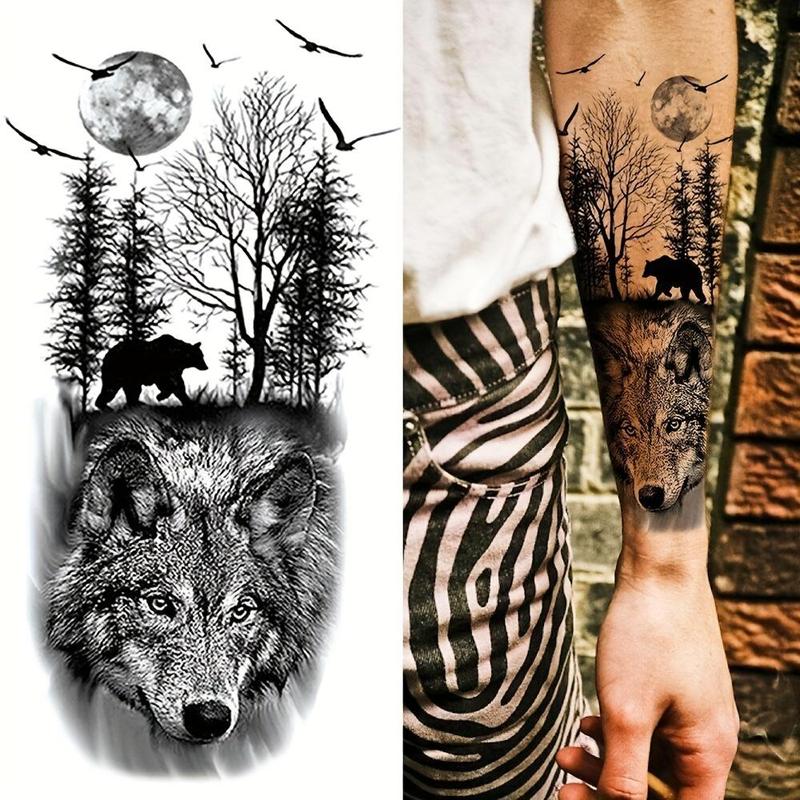 Wolf & Forest Pattern Temporary Tattoo Sticker, 1 Sheet Waterproof Long Lasting Fake Tattoo Sticker, Body Art Decoration for Women & Men