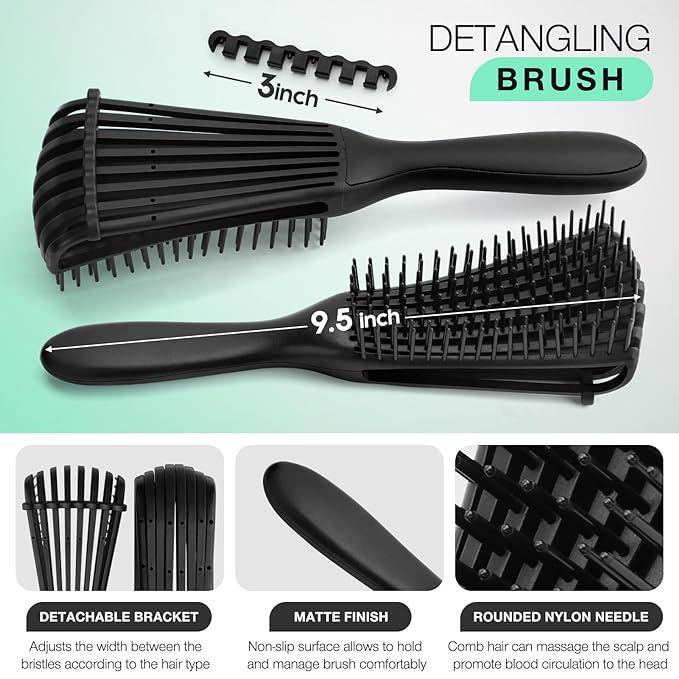 4pcs Detangling Brush Set Detangler Brush for Natural 3 4abc Curly Dense Hair, Curly Hair comb for Adult & Kids Wet or Dry Hair,Heatless,Haircare, Hair Brush Styling Tool Product Set with Spray Bottle (3 PCS, Black+Black) hair type