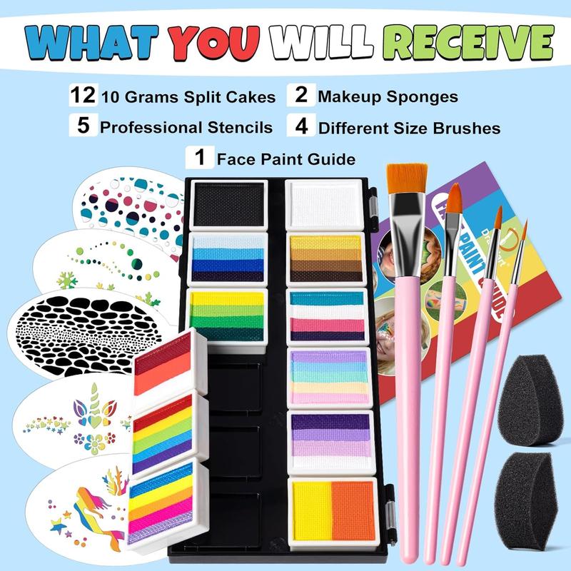 Professional Face Painting Kit for Kids Adults, Split Cake Face Paint Palette 12 x 10gm with Stencil, One Stroke Non Toxic Rainbow Face Body Paint Set Halloween Christmas Makeup