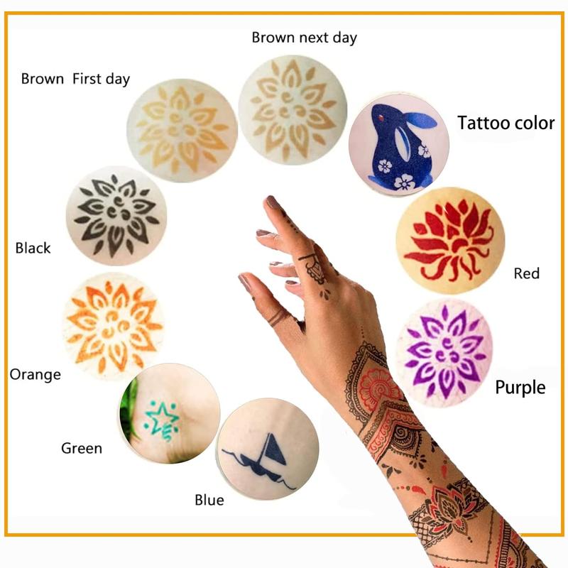 Temporary Tattoo Ink and Stencils for Adults Teens Kids, Temporary Tattoo Kit Skin Friendly - Black Red Brown Green Purple Blue Orange