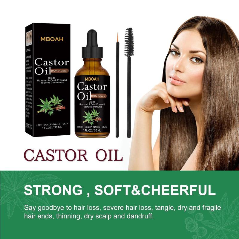 100% Natural Roasted & Cold-pressed Castor Oil with Applicator Tools, Multifunction Strengthening & Thickening Care Oil Kit for Hair, Eyelashes, Eyebrows