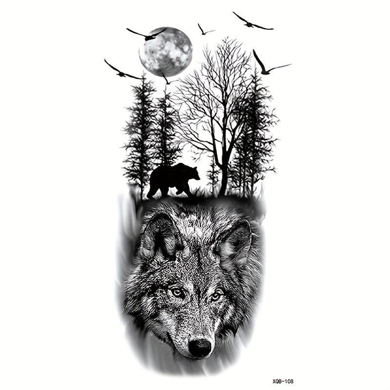 Wolf & Forest Pattern Temporary Tattoo Sticker, 1 Sheet Waterproof Long Lasting Fake Tattoo Sticker, Body Art Decoration for Women & Men