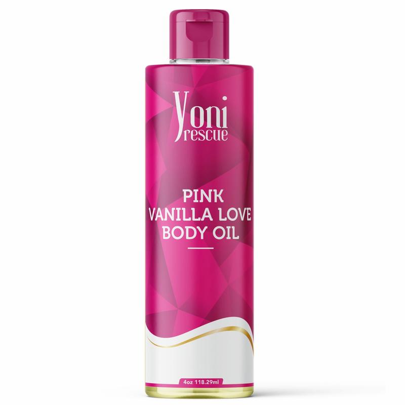 Pink Vanilla Love Body Oil, 4oz, with Apricot, Jojoba, Avocado Oils & Vitamin E Oil, Fast-Absorbing, Nourishes and Hydrates Skin, Skin Repair, Body Care, Ideal for All Skin Types, Amber & Vanilla Fragrance Moisturizer by Yoni Rescue warm vanilla body oil