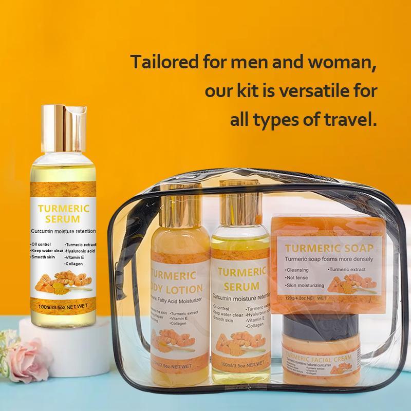 Natural Turmeric Skin Care Set, 4 Counts set Including Turmeric Body Lotion, Turmeric Serum, Turmeric Soap and Facial Cream, Body Care Skincare Kit for Women, Stocking Fillers Gift