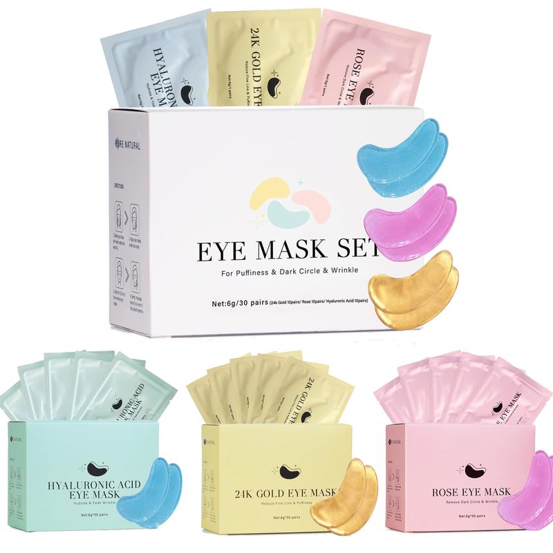 30 Pairs Gold Under Eye Patches with Hyaluronic Acid - Rose Eye Masks for Dark Circles, Skin Care, Puffiness & Wrinkle Care, Self Care Gifts for Women - Revitalize and Nourish Under Eye Skin, Gold & Pink & Blue Comfort