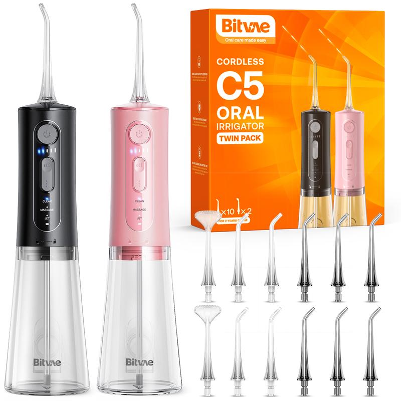 Bitvae C5 Water Flosser 2 Packs for Couple, Cordless Water Teeth Cleaner Picks, 3 Modes 5 Intensities, Rechargeable Water Dental Picks for Cleaning with 12 Tips, Gifts for Men Women, Black & Pink  for Oral health