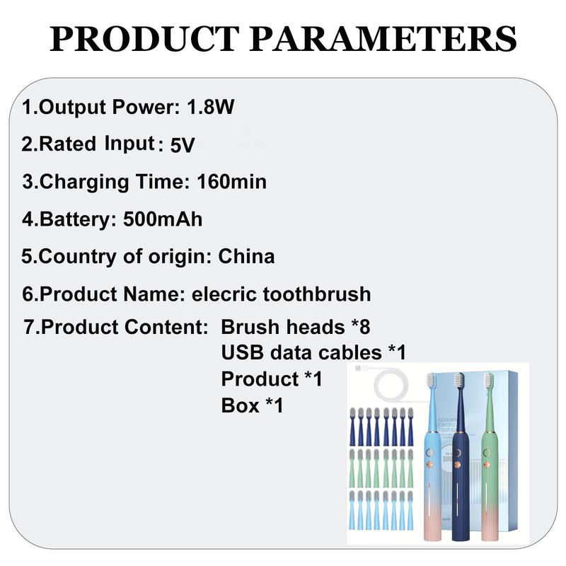 Portable Electric Toothbrush, 1 Box USB Rechargeable Sonic Toothbrush with 8 Counts Brush Heads, Intelligent Timer Toothbrushes for Adults