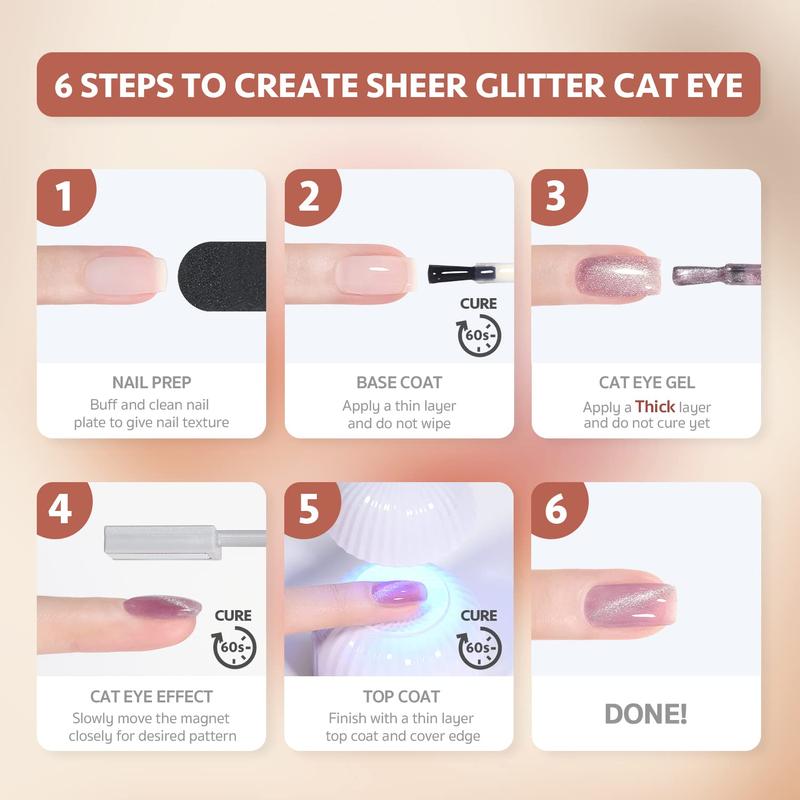 Cat Eye Gel Nail Polish Set with Magnet, 6 Counts set Holographic Cat Eye Gel Nail Polish, Salon Gel Manicure and Nail Art DIY at Home