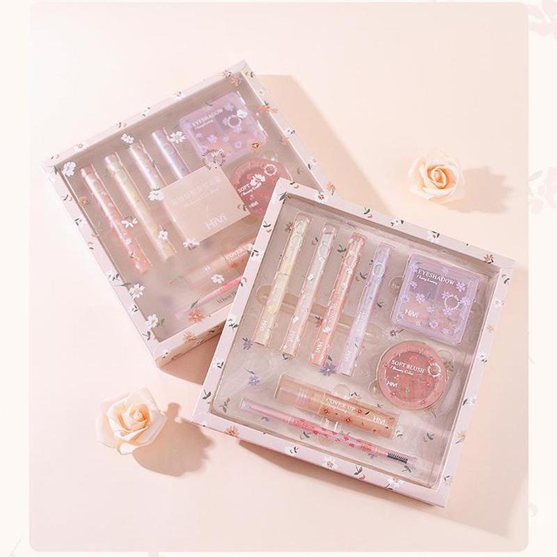 Flower Language Makeup Gift Set, 8 Counts set Lip Gloss & Lustrous Eyeshadow & Blush & Eyebrow Pencil, Perfect All-in-one Kit for Women