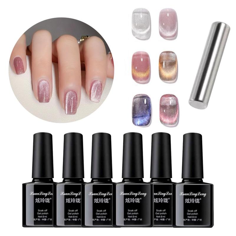 Cat Eye Gel Nail Polish Set with Magnet, 6 Counts set Holographic Cat Eye Gel Nail Polish, Salon Gel Manicure and Nail Art DIY at Home