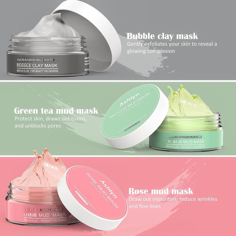 3 S Clay Mask Set, Green Tea Clay Facial Mask, Rose Face Masks Skincare, Dead Sea Bubble Deep Cleanse Mask, Organic Facial Masks for Women, Face Mask