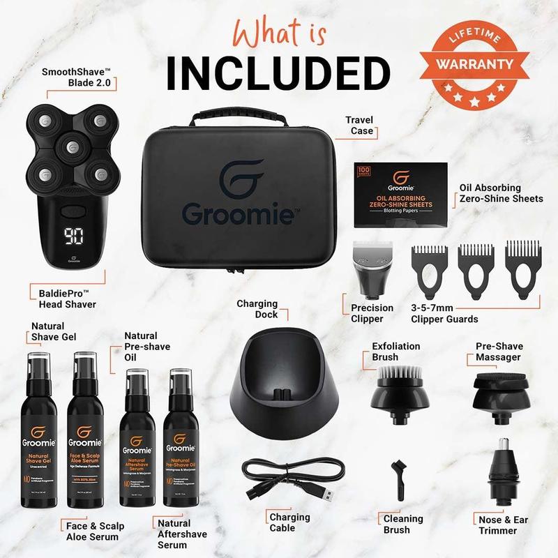 GROOMIE Great Bambeeno Bundle - 5D BaldiePro Electric Head Shavers for Bald Men, Natural Pre-Shave Oil, Aftershave Serum, Shave Gel, Aloe Serum, Charging Doc, Deodorant, Travel Case & 7 Piece Accessory Kit - Mens Head Shaver Kit w Electric Razor