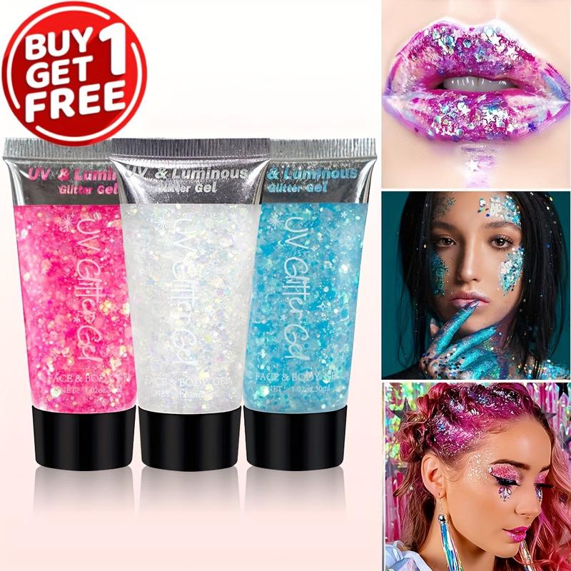 Buy 1 Get 1 Free - UV Glow-in-the-Dark Body & Face Gel, Luminous Chunky Glitter for Hair & Eyeshadow, Perfect for Music Festivals, Carnivals, Halloween & Mermaid Parties