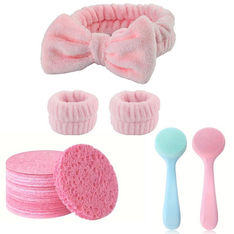 Facial Cleansing Tool Kit, 25pcs set Including 2 Silicone Face Scrubbers & 20 Face Wash Pads & 1 Bow Headband & 2 Wristbands for Cleansing and Gentle Exfoliation