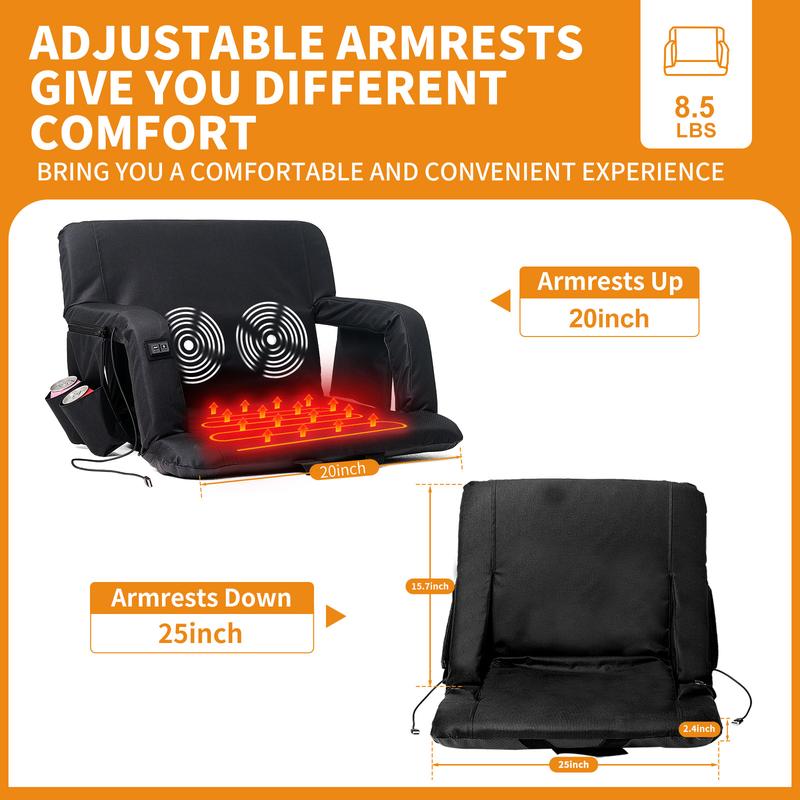 Slsy Heated Massage Stadium Seats, Bleacher Seat with Back & Arm Support, 3 Levels of Heat, 6 Reclining Positions Stadium Seating Bleacher Seats for Sports Events, Outing, Hiking