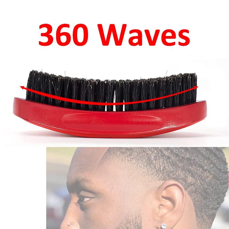 360 Curved Wave Brush - Medium Hard Palm Brush with Beech Wood and Boar Bristles for Men's Hair Styling and Beard Grooming (Red) Haircare Heatless