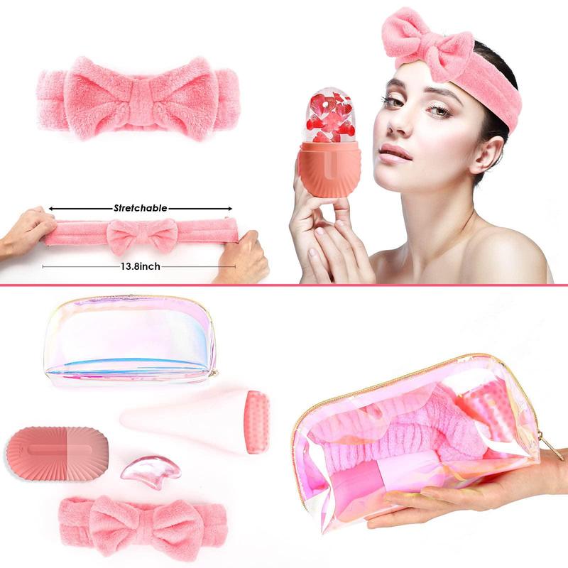 Facial Care Tool Set, 5 Counts set Ice Mold & Face Roller & Hair Band & Scraping Board & Makeup Bag, Professional Skincare Tool For Women