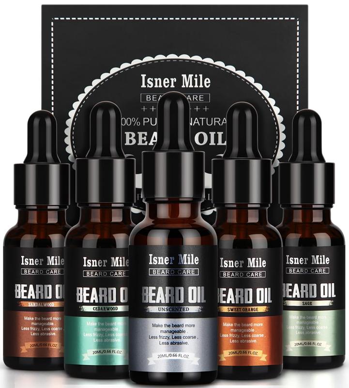 ISNER MILE 5 Pack Beard Oil Set Leave in Conditioner Cedarwood Sandalwood Sage Sweet Orange for Men Mustaches Soften Moisturizing Strength Stocking Stuffers Father's Day Gifts for Him Man Dad Father Boyfriend