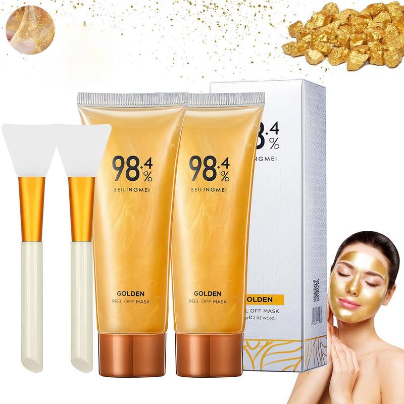 98.4% Gold Foil Peel-Off Mask, 2 Counts set Deep Cleansing & Nourishing Facial Mask with 2 Counts Brushes, Face Care Product for Women & Men