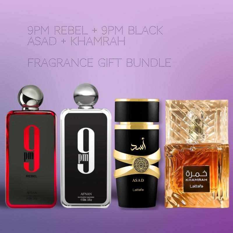 9PM Rebel + 9PM Black + Lattafa Asad + Khamrah 100ml (3.4oz) - Fragrance Collection Starter Pack - Fragrance Gift Bundle