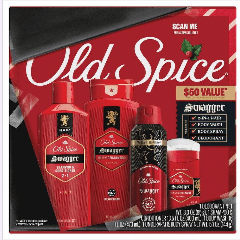 ($50 Value) Old Spice Holiday Gift Pack for Men,  Body Wash, Aluminum Free Deodorant, Body Spray & 2 in 1 Shampoo, Swagger Scent