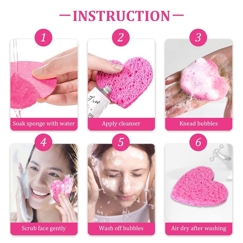 60-Count Compressed Cellulose Heart Shape Facial Sponges | 100% Natural Cosmetic Spa Sponges for Facial Cleansing | Exfoliating | Makeup and Mask Removal | Reusable |Skin Massage (Pink)