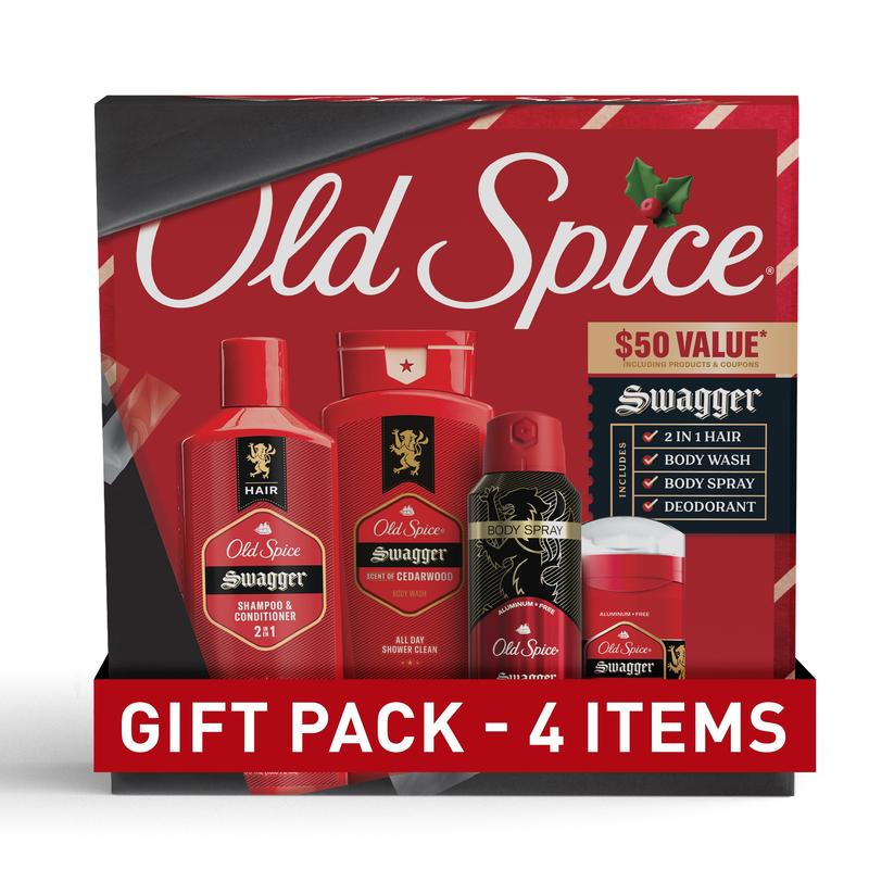 ($50 Value) Old Spice Holiday Gift Pack for Men,  Body Wash, Aluminum Free Deodorant, Body Spray & 2 in 1 Shampoo, Swagger Scent