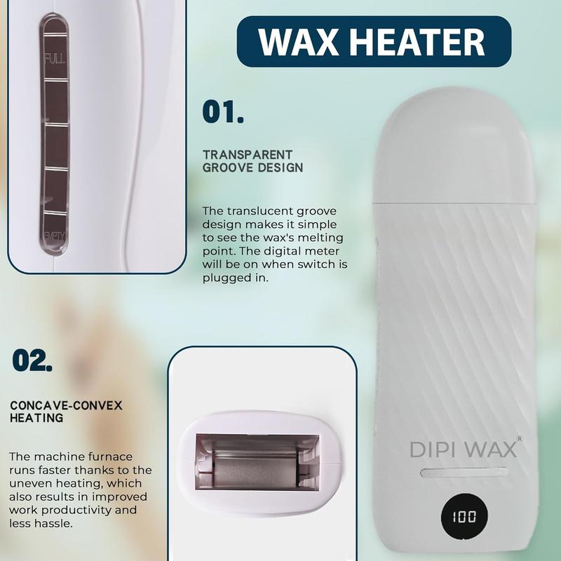 Roll on Waxing Kit by DipiWax - Digital Hair Removal for All Skin Types, 2 Wax Cartridges (Honey & Lavender), 100 Strips, Pre Post Treatment Sprays Body Care Gentle