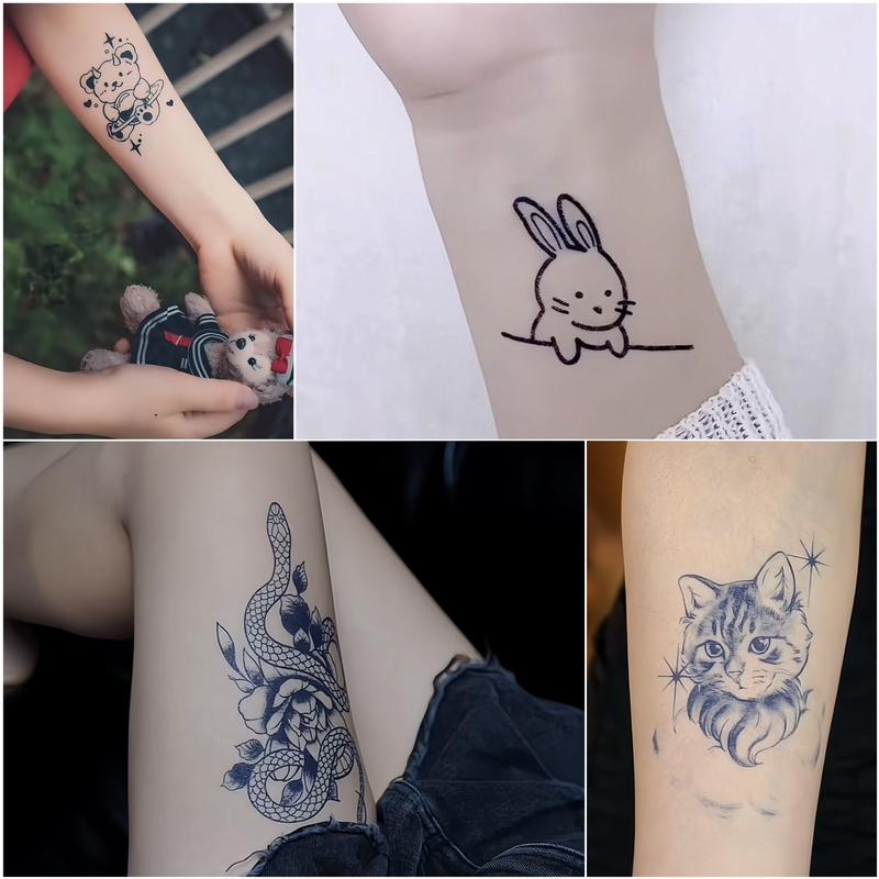 8 sheets Cute Realistic Waterproof SemiPermanent Tattoo Stickers,Black Temporary Tattoos Stickers Lasts 7-15 Days, Forearm Designs,Temp Halloween Fake Tattoo Stickers, lovely, butterflies, bunnies, bears, hearts, mermaid princesses, roses and animals