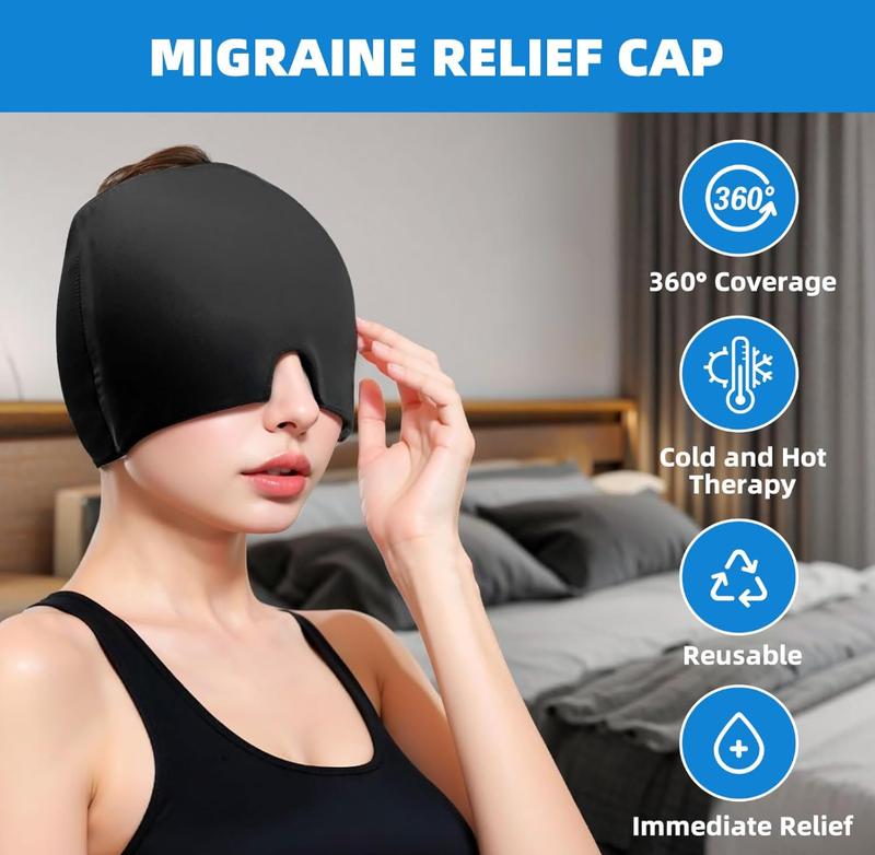 Migraine Relief Cap, All Around Gel Covered Reusable Headache Relief Cap, Black Migraine Cap for Headache Relief, Puffy Eyes