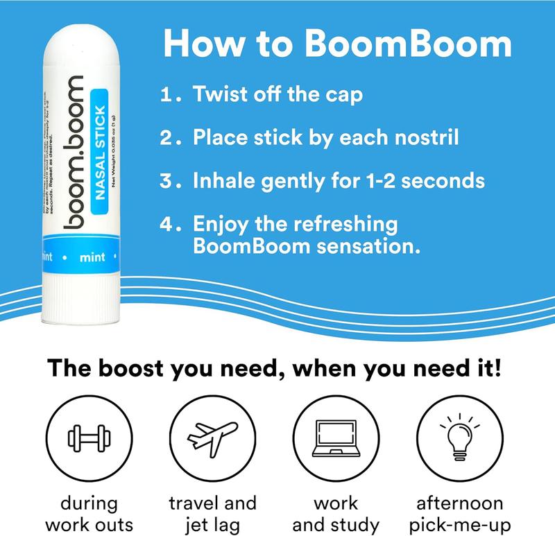 BoomBoom Nasal Stick (4 Pack) | Enhances Breathing + Boosts Focus | Breathe Vapor Stick Provides Fresh Cooling Sensation | Aromatherapy Inhaler Made with Essential Oils + Menthol