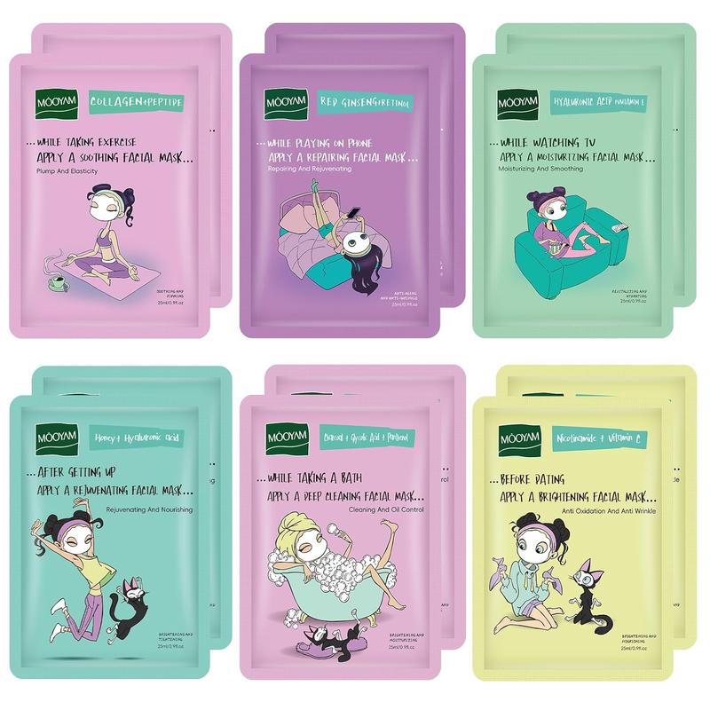 Face Masks Skincare Set for Girl,Moisturizing Collagen Facial Masks for Women Home Spa,Hyaluronic Acid Face Mask for  Skin Types,Day Night Facial Mask Deep Cleaning,Oil Contral 25ml (12Pack)