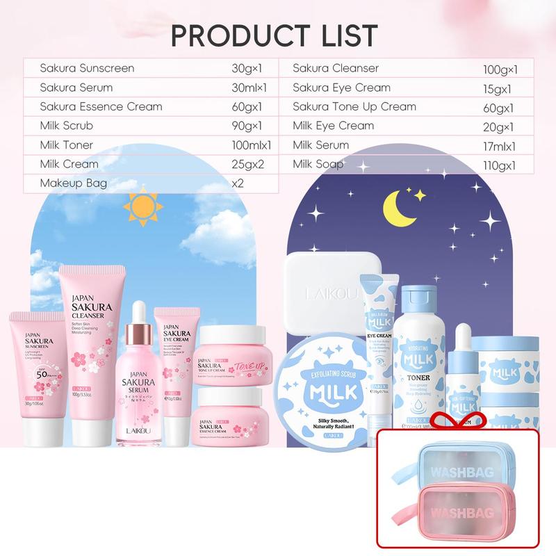 Sakura & Milk Skincare Set, 1 Set Day & Night Skincare Kit, Including Facial Cleanser, Eye Cream, Serum, Moisturizer, Sunscreen, Scrub, Makeup Bag