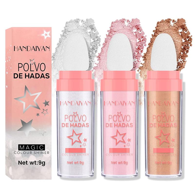 3 Color Polvo De Hadas Highlighter Makeup Shimmer Glitter Patting Puff, Glow Luminizer Sparkle Fairy Highlighters Powder Halloween Christmas Gloss Oil