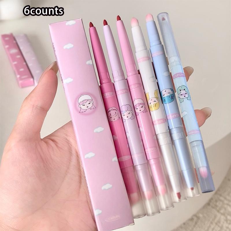 Long Lasting Lip Liner Set, 6 Counts set Waterproof Lip Liner Pencil with Brush, Easy Coloring Lip Liner Pen, Suitable for All Occasions Lip Makeup