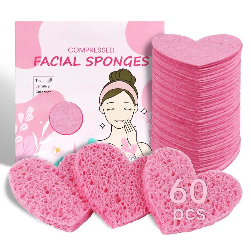 60-Count Compressed Cellulose Heart Shape Facial Sponges | 100% Natural Cosmetic Spa Sponges for Facial Cleansing | Exfoliating | Makeup and Mask Removal | Reusable |Skin Massage (Pink)