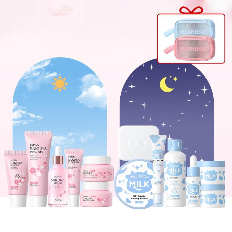 Sakura & Milk Skincare Set, 1 Set Day & Night Skincare Kit, Including Facial Cleanser, Eye Cream, Serum, Moisturizer, Sunscreen, Scrub, Makeup Bag