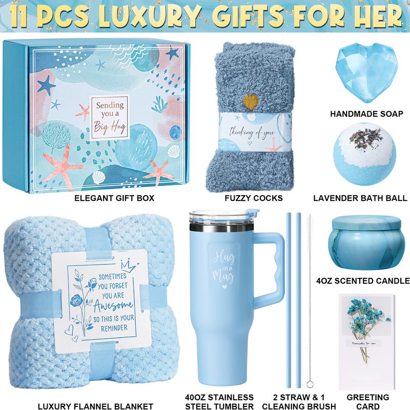 Mayicivo Christmas Thanksgiving Birthday Gifts for Women Self Care Gifts Relaxing Spa Gifts Care Package Unique Anniversary Blue Gifts Basket Kit with Flannel Blanket for Mother Wife Bset Friend Sister Her