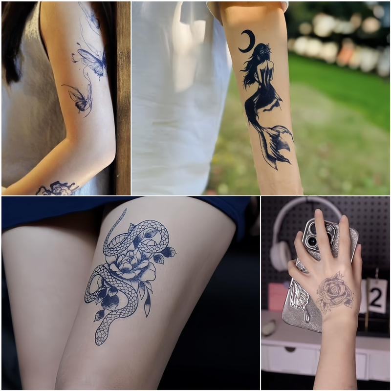 8 sheets Cute Realistic Waterproof SemiPermanent Tattoo Stickers,Black Temporary Tattoos Stickers Lasts 7-15 Days, Forearm Designs,Temp Halloween Fake Tattoo Stickers, lovely, butterflies, bunnies, bears, hearts, mermaid princesses, roses and animals