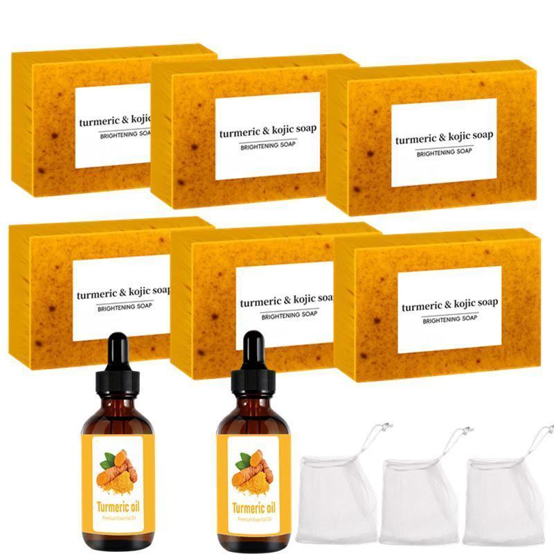 Turmeric Soap & Essential Oil Set, Including 6 Counts Turmeric Soap & 2 Counts Essential Oil & 3 Counts Soap Saver, Daily Skin Care Set for Men & Women, Christmas Gift