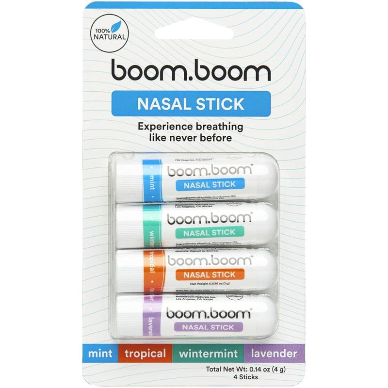 BoomBoom Nasal Stick (4 Pack) | Enhances Breathing + Boosts Focus | Breathe Vapor Stick Provides Fresh Cooling Sensation | Aromatherapy Inhaler Made with Essential Oils + Menthol