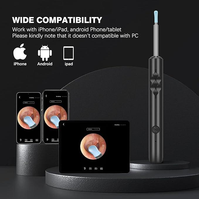 Wireless Ear Wax Removal Tool with 1080P HD Otoscope, Waterproof Camera & 8-Piece Cleaning Kit for iOS & Android Devices Silicone Brush